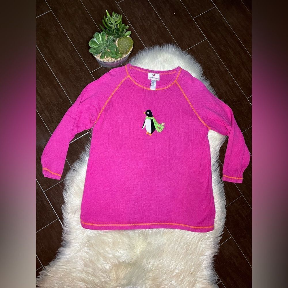 Quacker Factory embroidered penguin Pink crew sweater sz 1X